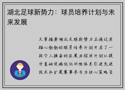 湖北足球新势力：球员培养计划与未来发展